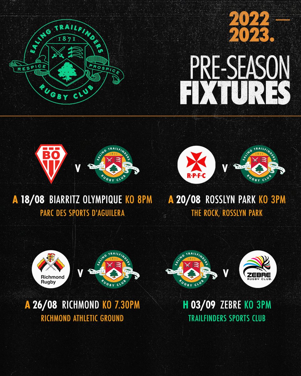 Ealing Trailfinders (@ealingtfrugby) on Twitter photo ๐ ๐๐ฒ๐ ๐๐ผ๐๐ฟ ๐ฑ๐ถ๐ฎ๐ฟ๐ ๐ผ๐๐
The kick off times for our pre-season encounters have now been confirmed
Our home fixture against <a href="/ZebreRugby/">Not Zebre Rugby</a> is included in your season ticket!
Make sure you get yours here โก๏ธ bit.ly/3NWJLzU
#ETF ๐ขโช๏ธ ๐ ๐๐ฒ๐ ๐๐ผ๐๐ฟ ๐ฑ๐ถ๐ฎ๐ฟ๐ ๐ผ๐๐
The kick off times for our pre-season encounters have now been confirmed
Our home fixture against <a href="/ZebreRugby/">Not Zebre Rugby</a> is included in your season ticket!
Make sure you get yours here โก๏ธ bit.ly/3NWJLzU
#ETF ๐ขโช๏ธ