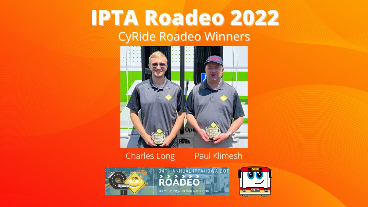 CyRide's tweet photo. Congratulations to our drivers, Paul Klimesh and Charles Long, for winning at the IPTA Roadeo. Paul took first place in the large bus division. Charles took first place in the small bus division.
Good job to our other drivers who competed at the state roadeo! #CyRide https://t.co/Ka6cDhi2eZ