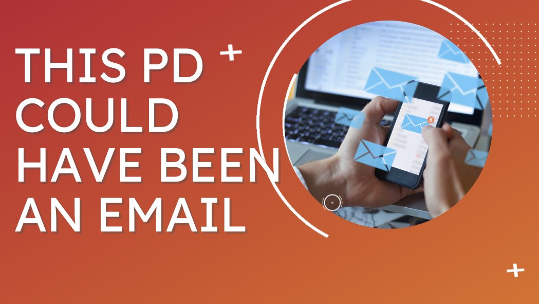 TOMORROW <a href="/DanaeAcker/">Danae (she/her)</a> and I team up at <a href="/upstatetech/">Upstate Tech Conf</a> to disprove the myths of traditional PD and help school leaders avoid gathering their faculty for a PD that could’ve been an email. #2022UTC