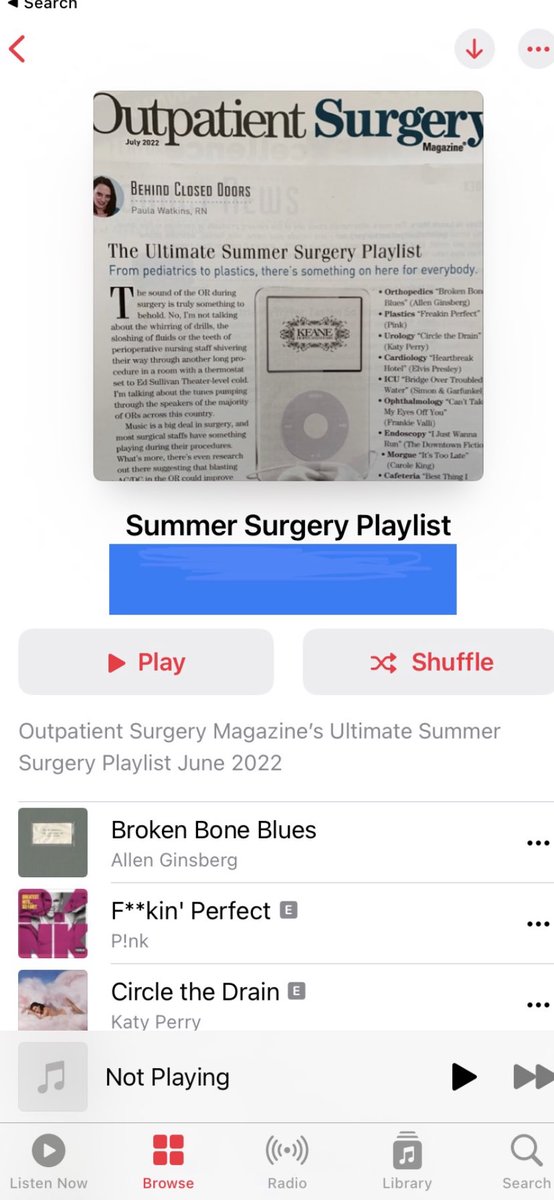 ORachiever's tweet photo. One of the most important roles as a circulating nurse is DJ. I just took a moment to add DJ Paula Watkin’s genius “Ultimate Summer Surgery Playlist” from @OutpatientSurg June 2022 Magazine to an Apple Music playlist. I’m ready 😷🎶🦴🔨🩸 https://t.co/c7EWqrpo9S