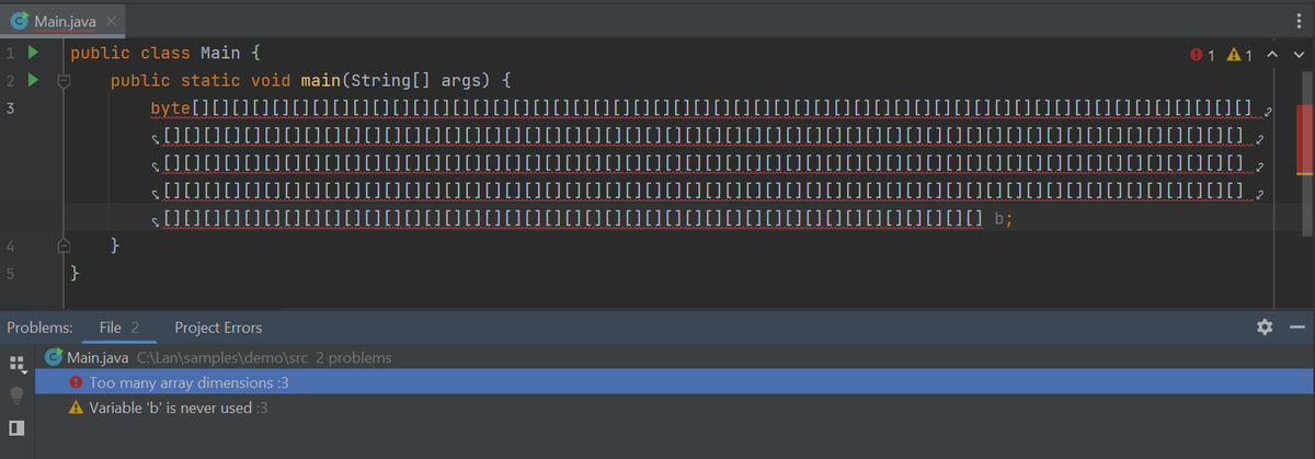 tagir_valeev's tweet photo. Bug fix of the day: if you declare a Java array having 256+ dimensions, IntelliJ IDEA doesn't report this as incorrect code but javac refuses to compile it. I wonder how many users actually stepped on this. Nevertheless, fixed. https://t.co/VS50dcjV0a