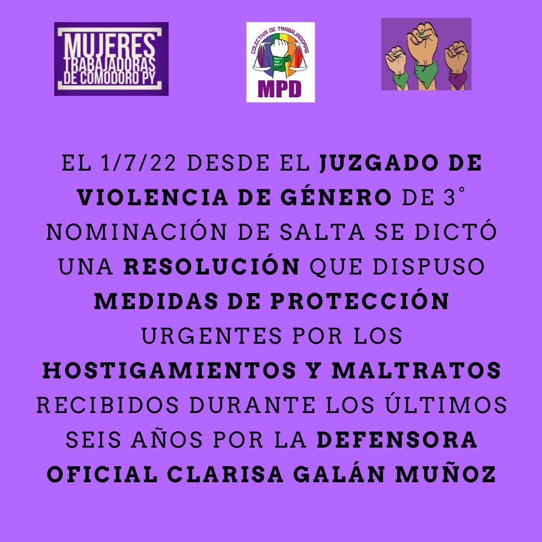 DeTrabajadoras's tweet photo. Expresamos nuestro apoyo y acompañamiento a la Defensora Pública Oficial Ana Clarisa Galán Muñoz y compañeras d la jurisdicción salteña q alzaron la voz p/denunciar el acoso laboral y sistemática violencia de género q sufren x parte del Fiscal Federal Francisco Santiago Snopek👇 https://t.co/3xHHaDv88Y
