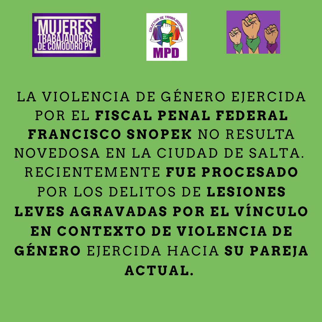 DeTrabajadoras's tweet photo. Expresamos nuestro apoyo y acompañamiento a la Defensora Pública Oficial Ana Clarisa Galán Muñoz y compañeras d la jurisdicción salteña q alzaron la voz p/denunciar el acoso laboral y sistemática violencia de género q sufren x parte del Fiscal Federal Francisco Santiago Snopek👇 https://t.co/loJV3OenWW