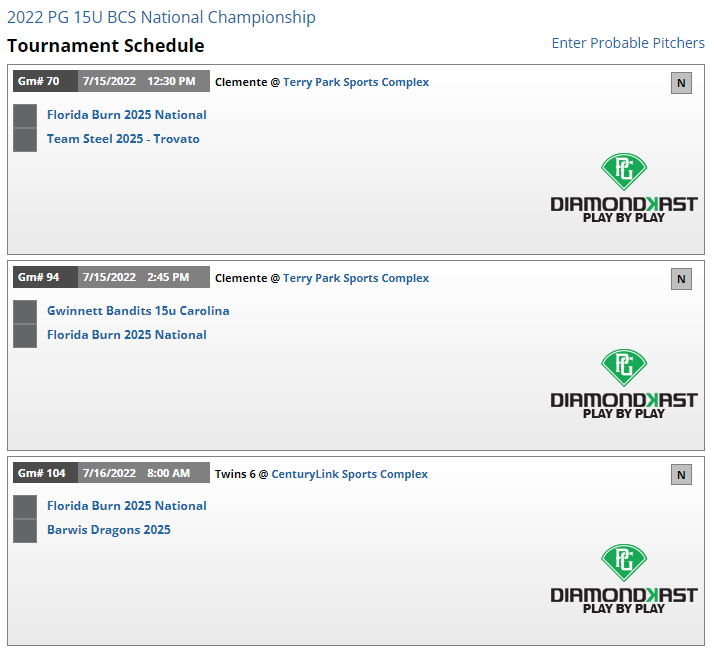 My schedule this week for the 2022 PG 15U BCS National Championship to wrap up the summer season. <a href="/FLBurnRecruits/">Florida Burn Recruiting</a> <a href="/FloridaBurn/">Florida Burn</a> <a href="/ParrishBaseball/">Parrish Community HS Bulls Baseball</a>
