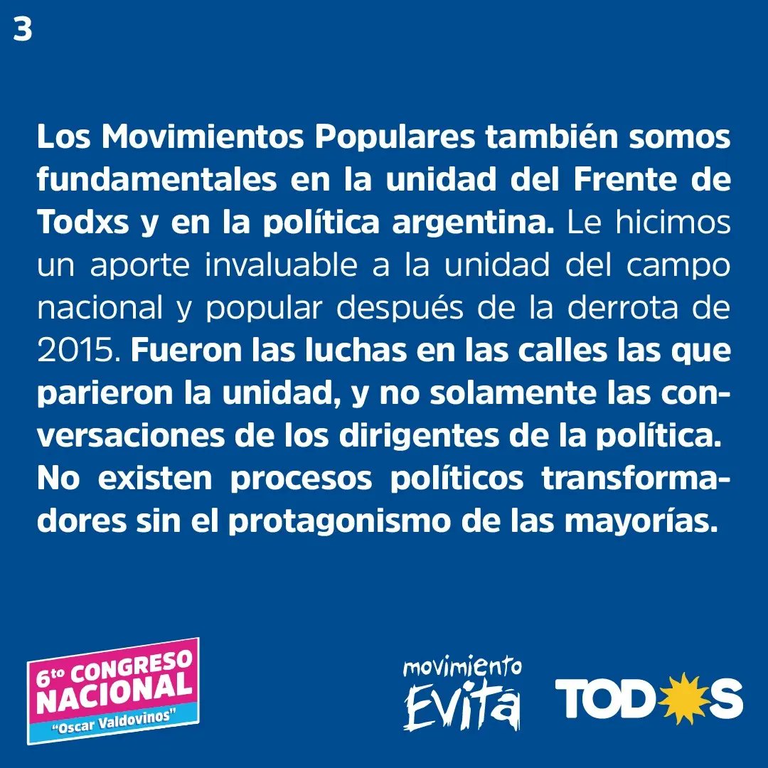 MovimientoEvita's tweet photo. Definiciones que tomamos en el marco del 6to Congreso Nacional "Oscar Valdovinos" donde participaron más de 2570 congresales de todo el país. 

(1/2)

#CongresoNacionalEvita https://t.co/u6LwmpwzZQ