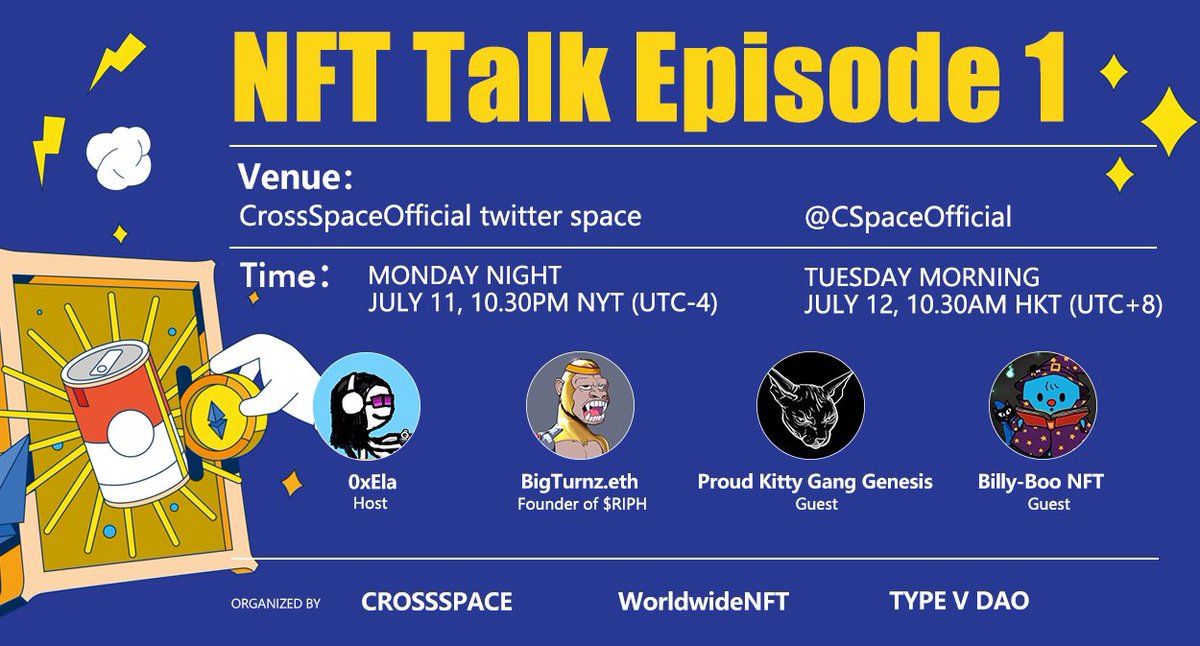We have come up with a new Weekly space of "NFT Talk" and this Tuesday is our first episode!

Come join us with <a href="/Jai_Turnor/">z</a>  <a href="/PKGNFT/">Proud Kitty Gang Gamefi Launching Now</a> <a href="/GritAnneGund/">Billy-Boo💙</a>
Hosted by <a href="/Elaaaliu/">JasonC</a>