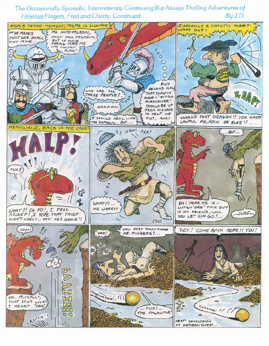 CalstaffTheGold's tweet photo. In The Dragon #33 (Jan/80), episode 24 of "The Occasionally Sporadic, Intermittently Continuing But Always Thrilling Adventures of Finieous Fingers, Fred & Charly, Continued..." by JD Webster.
#GamingComics https://t.co/wiPCKuTElb