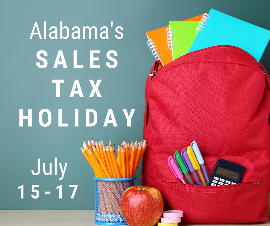 Reminder: Alabama's Back-to-School Sales Tax Holiday is this weekend (July 15-17). Check your school's website and Facebook page for supply lists and uniform requirements, and buy them tax-free Friday through Sunday.  #LearningLeading