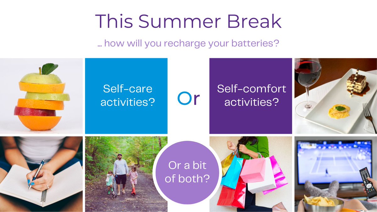 HTcoach's tweet image. Will you go 'self-care' or 'self-comfort' this summer? Or a balance of the two?
Self-care = activities that replenish your emotional, physical and mental energy levels.
Self-comfort = activities that may feel good at the time, but don't last long
For me it's a bit of both!