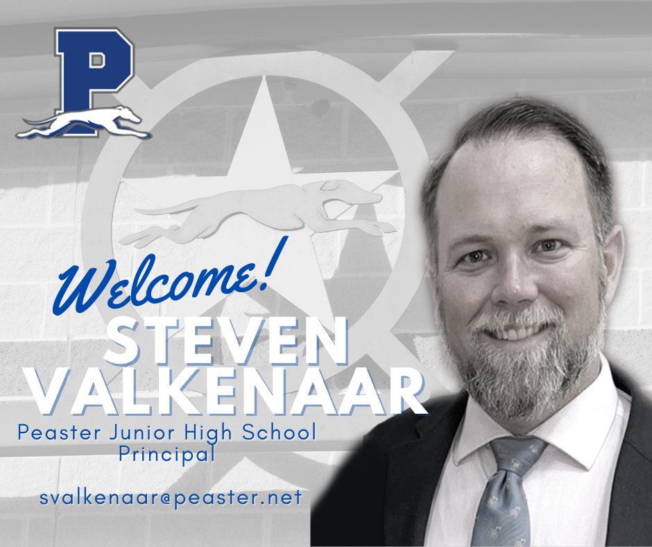 PeasterISD's tweet photo. Congratulations and a big Greyhound welcome to Mr. Steven Valkenaar, the new PJHS Principal!
#LeadDog #InstructionalLeader #PeasterPride https://t.co/UVmZTCtYs0