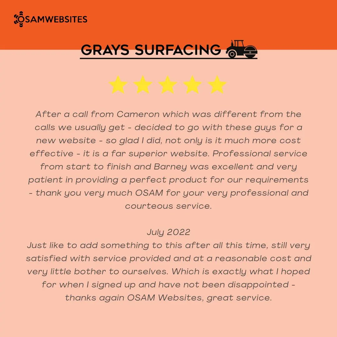 We can't express how much we appreciate these great reviews from <a href="/TopperTowers/">Alison Sherrard</a>  &amp; Gray's Surfacing 🤩⭐⭐⭐⭐⭐

Looking for that brand new bespoke website? Or to push your business on an SEO campaign? 💭

Contact us at OSAM today 📲🖥️

#webdevelopment #websitedesign #seo