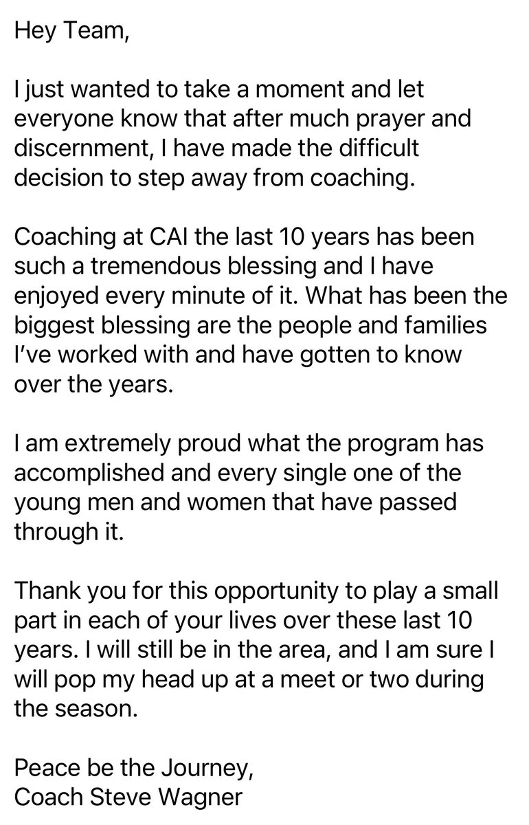 caiwarriorstf's tweet photo. A note from Coach Wagner https://t.co/xx7SYkTerW