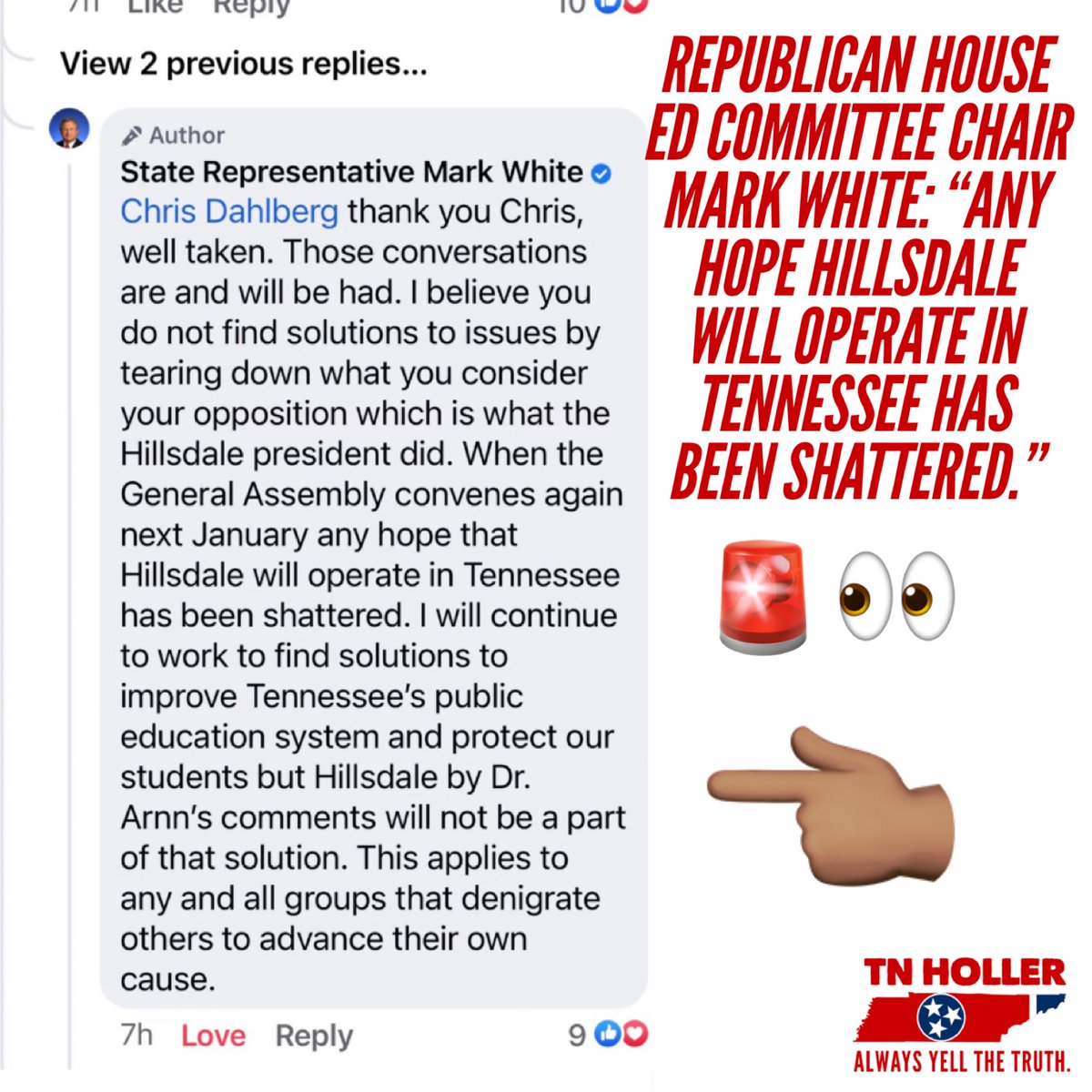 TheTNHoller's tweet image. 🚨NEW — Republican House Ed Committee Chair @RepMarkWhiteTN: “ANY HOPE HILLSDALE WILL OPERATE IN TENNESSEE HAS BEEN SHATTERED.”

As @GovBillLee stands by @Hillsdale after their public Ed/teacher-trashing, seems his own party has seen enough. Have they told Lee? 👀#HillsdaleHeist