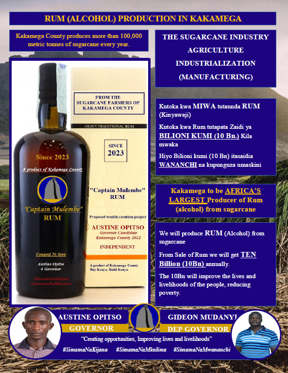 OpitsoAustine's tweet photo. Kakamega to be africa's largest producer of RUM (Alcohol) produced from sugarcane. Kakamega County will earn more than 10 Bn annually. Kakamega produces more than 100,000 metric tonnes of sugarcane
Opitso 4Governor Kakamega #SimamaNaKijana #SimamaNaMkulima
#NairobiGovDebate2022 https://t.co/dCp09CzjgH