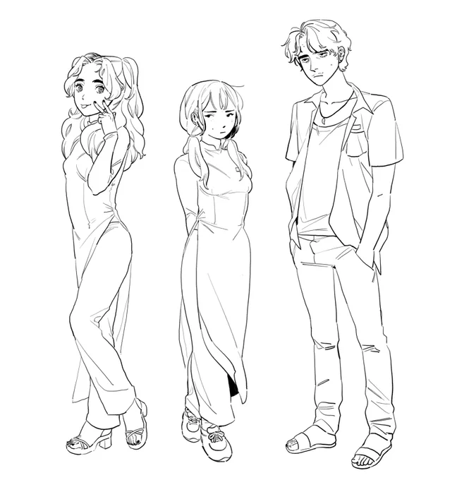 here are they, in a lineup and normal. they're my newest ocs (a bunch of viet highschoolers who can't stop murdering ppl and each other too) 