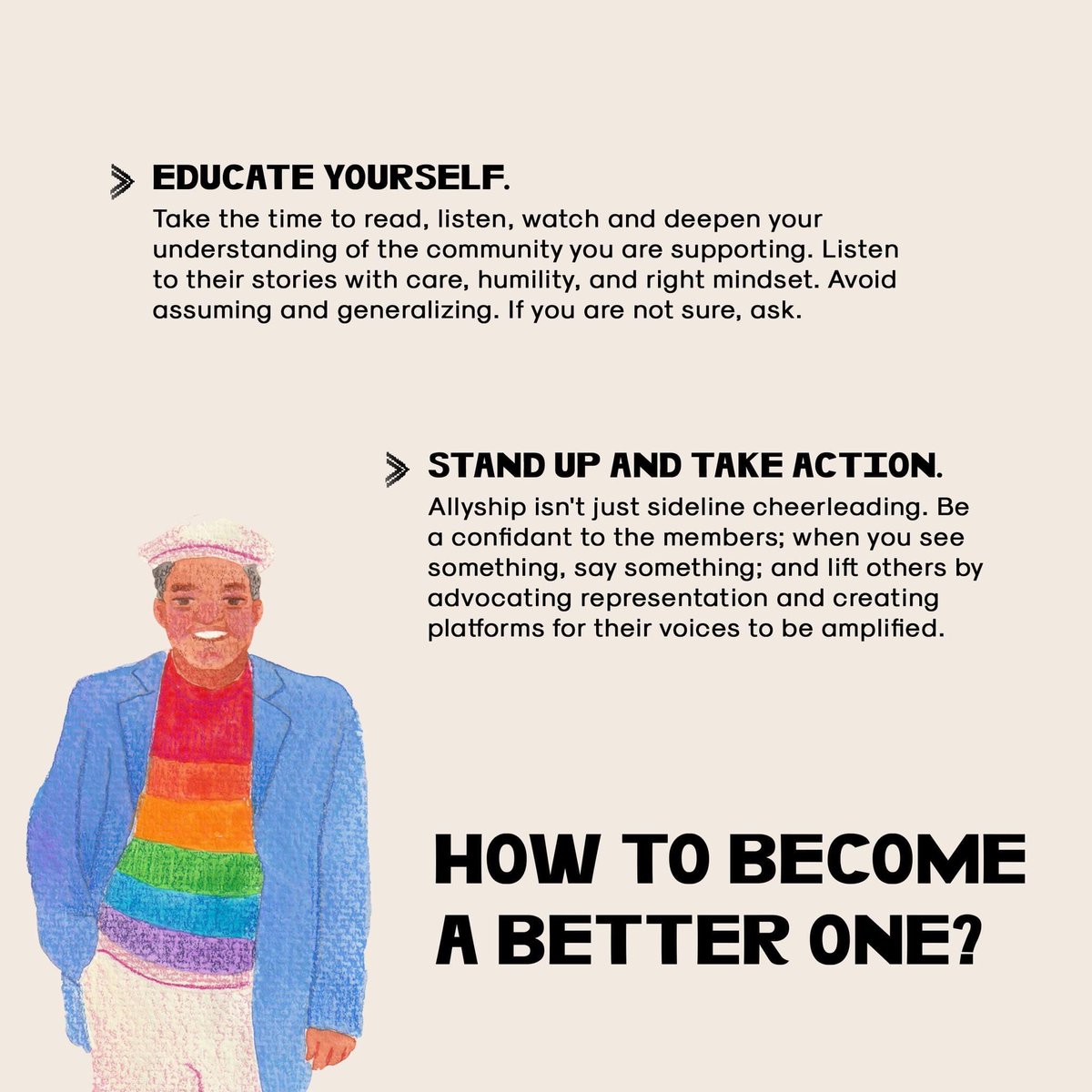 AYATadvocacy's tweet photo. Do you consider yourself an ally? Learn how to become a better one. Read more: https://t.co/xZR8vREmOt
#LabesTiSellepet #BeyondTheNorm
#SexEducation #QueerTogether #ChooseSafer https://t.co/lfn2XgxutM