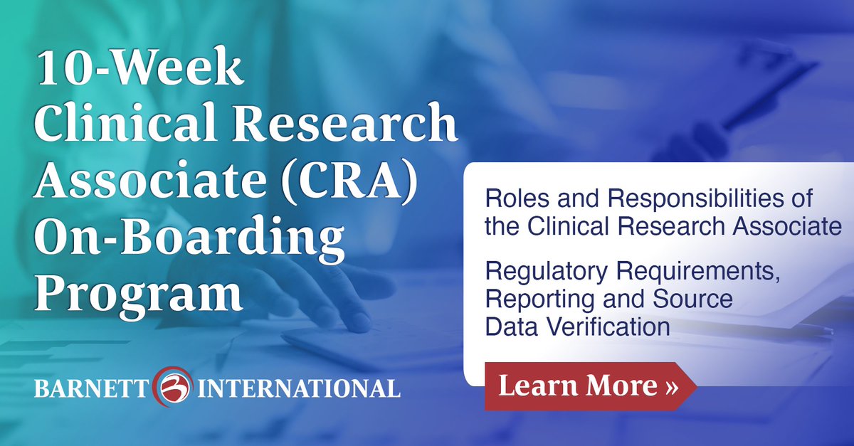 Barnett_Intl's tweet photo. CRA On-Boarding Training starts tomorrow, 7/12/22. One of Barnett's most popular programs! There's still time to register: https://t.co/9YoZdYInWD
#cra #clinicalresearchassociate #clinicalresearch #clinicaltrials #clinicalstudies #clinicalresearchtraining https://t.co/thWnt93oFK