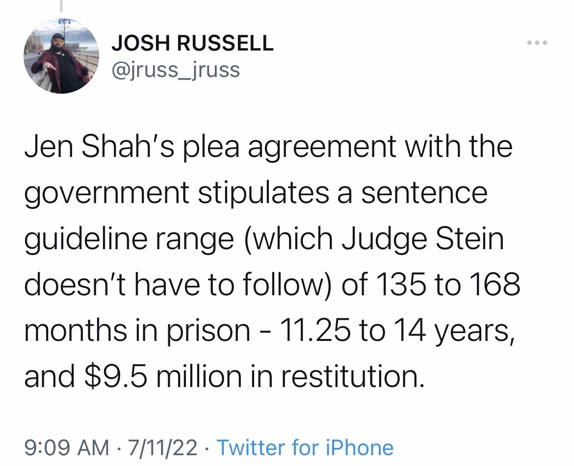 housewivesofslc's tweet photo. Jen Shah’s sentencing date is set for November 28, 2022! Jen’s plea agreement stipulates a guideline range of 11.25 to 14 years, and $9.5 million in restitution! 🚨🚨 #RHOSLC https://t.co/4oEimqOZH1