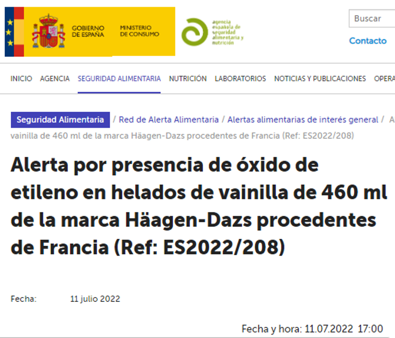 AESAN_gob_es's tweet photo. ⚠️Alerta por presencia de óxido de etileno en helados de vainilla de 460 ml de la marca Häagen-Dazs
🚫No consumir.
📌https://t.co/8xlW4UietA https://t.co/7MHejaHORH