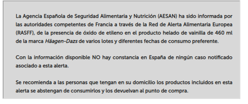 AESAN_gob_es's tweet photo. ⚠️Alerta por presencia de óxido de etileno en helados de vainilla de 460 ml de la marca Häagen-Dazs
🚫No consumir.
📌https://t.co/8xlW4UietA https://t.co/7MHejaHORH