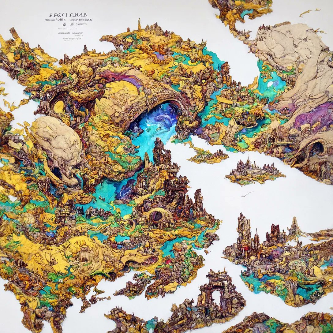 dilkROMGlitches's tweet photo. More map tests from my #LandOf100Myths project. Some funny text on this one.
#aiart #aiartcommunity #art #artmap #map #maps #fantasyart #fantasymap #DiscoDiffusion @DiscoDiffusion https://t.co/8RdYHDWI1w