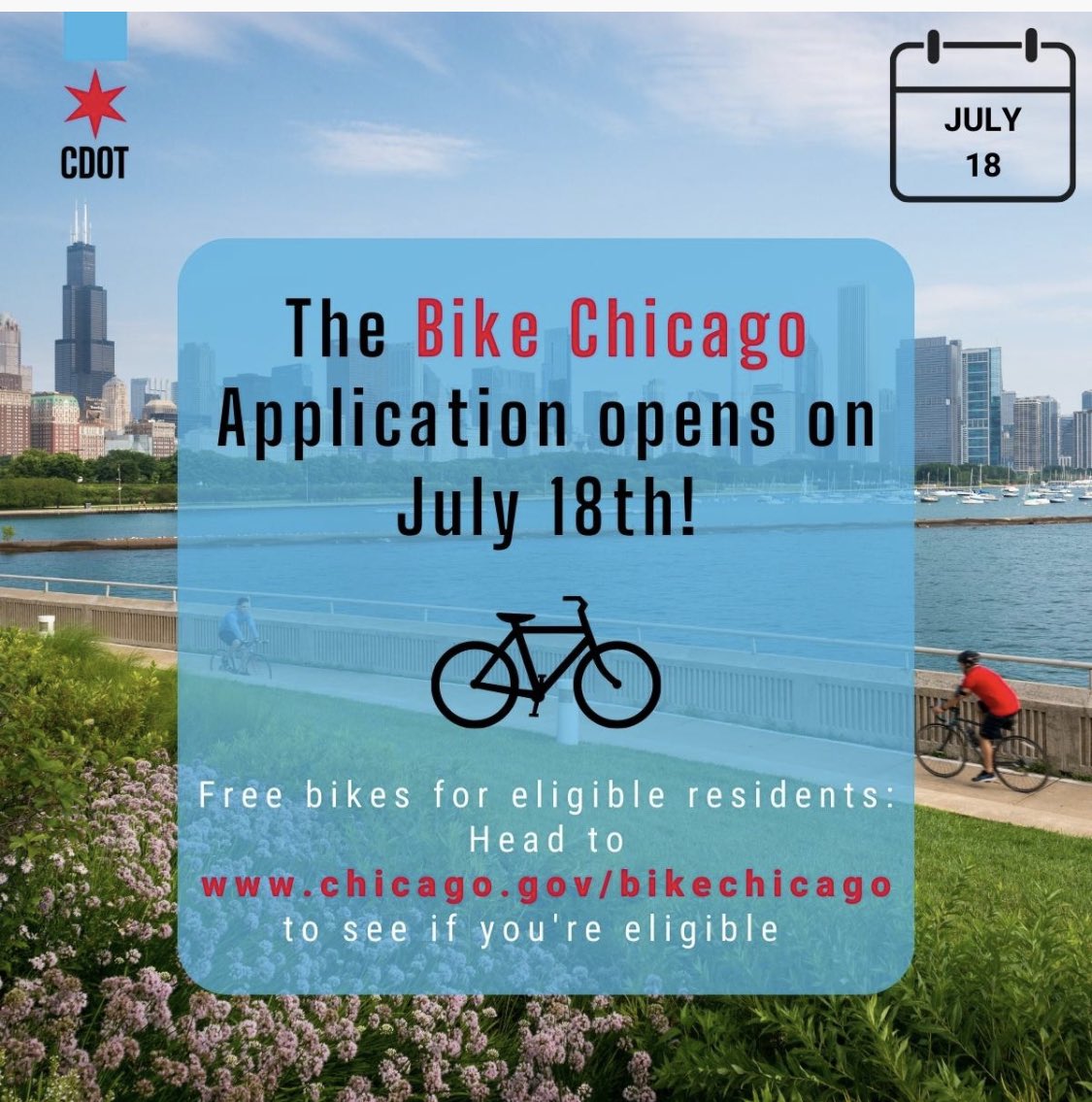 ChicagoDOT's tweet photo. ☀️ In honor of #MobilityMonday 🚴🏾‍♂️ please head to https://t.co/yTp6btgM4P to see 👀 if you’re eligible for a free bike 🚲.

💻 The application opens ⏰ 11am on 7/18.

#YourCDOT #CDOTbikes #YourMobility #YourApplication https://t.co/voXF8p2U0P