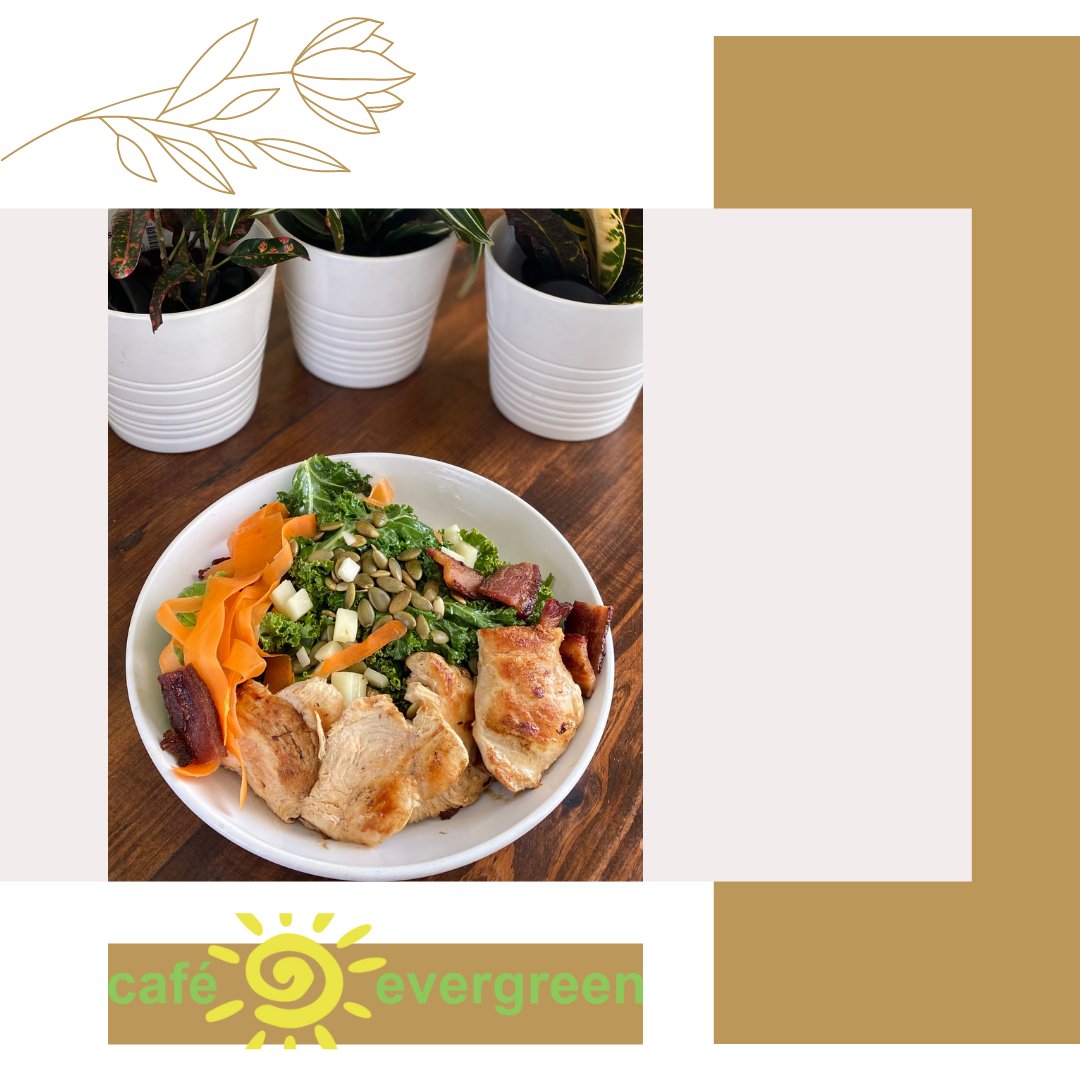 CafeEvergreen's tweet photo. Happy Monday! Today we are highlighting one of our staff favorites off the menu. 
This item is our Kale Salad, adding blackened chicken and bacon! 

#kale #monday #cafeevergreen #healthy  #startoftheweek #bacon

(with additions $19 -small $22-large)(Plain- $11 -small $14 -large https://t.co/BXi9BnSJpB