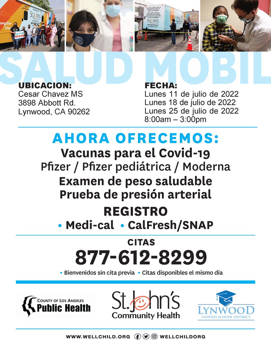 St. John’s Community Health &amp; Cesar Chavez Middle School are hosting a mobile health clinic today until 3pm! They will be offering COVID-19 vaccines, health screening, &amp; more! To make an appointment, call 877-612-8299. Walk-ins welcome. 
1/2