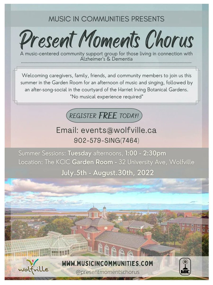 CaregiversNS's tweet photo. Each Tuesday this summer from 1:00 - 2:30 pm, there will be a music-centered community support group for those living in connection with Alzheimer's &amp; Dementia. Register FREE today! Email: events@wolfville.ca 902-579-SING(7464) #communitysupportgroup #music #caregiver #caregiving https://t.co/lMB5JY5cjx