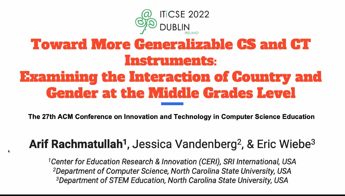 Arif Rachmatullah (@arachma28) is presenting their paper (nominated for the best paper award): Toward More Generalizable CS and CT Instruments: Examining the Interaction of Country and Gender at the Middle Grades Level  #ITICSE2022
dl.acm.org/doi/10.1145/35…
