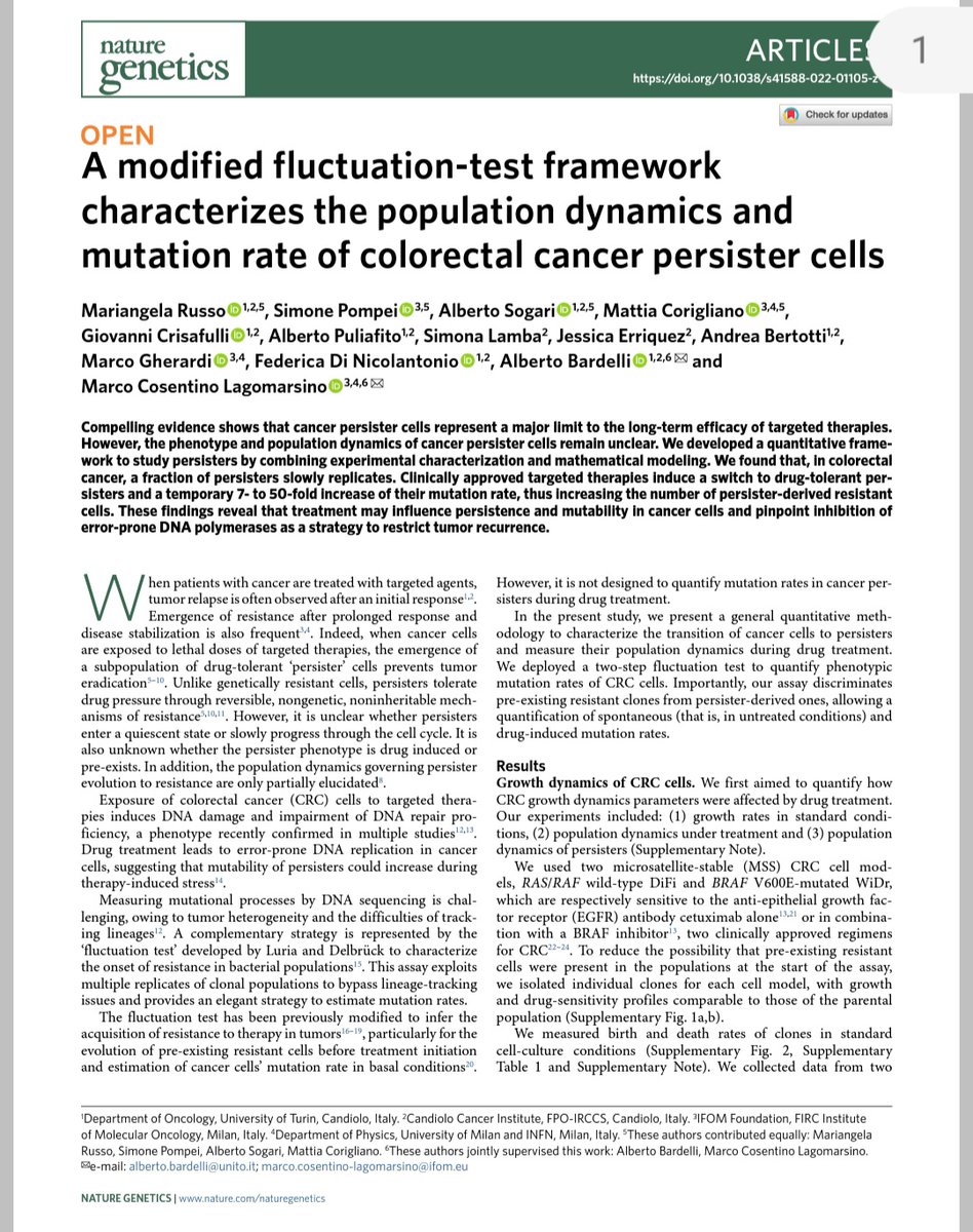 Almost 80 years ago, Luria and Delbrück measured mutation rate in bacteria. Today, in collaboration with <a href="/IFOMresearch/">IFOM</a> Lagomarsino we adapted their assay to measure mutation rates before and under treatment in cancer cells. Find out more on <a href="/NatureGenet/">Nature Genetics</a> nature.com/articles/s4158…