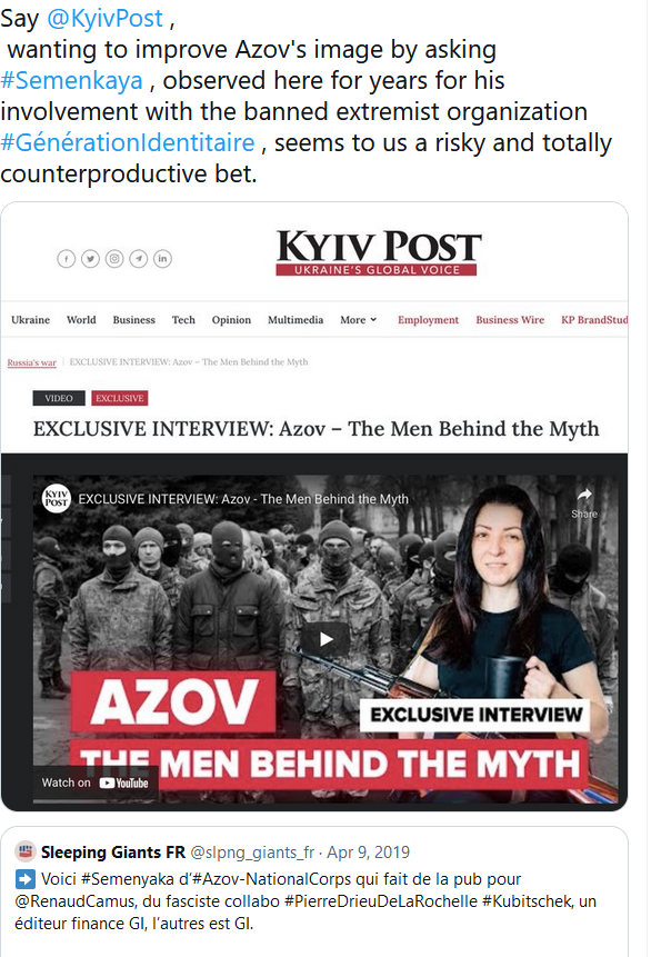 SRAntiFascism's tweet photo. "Say #KyivPost,#Semenyaka 
wanting to improve #Azov's[#NeoNazis]image by asking[#NeoNazi]#Semenkaya,observed her for years for their involvement with banned #Extremist organization #GenerationIdentity seems to us a risky and totally counterproductive bet."
https://t.co/JU4z4B8WgM https://t.co/UeYp4GasWT