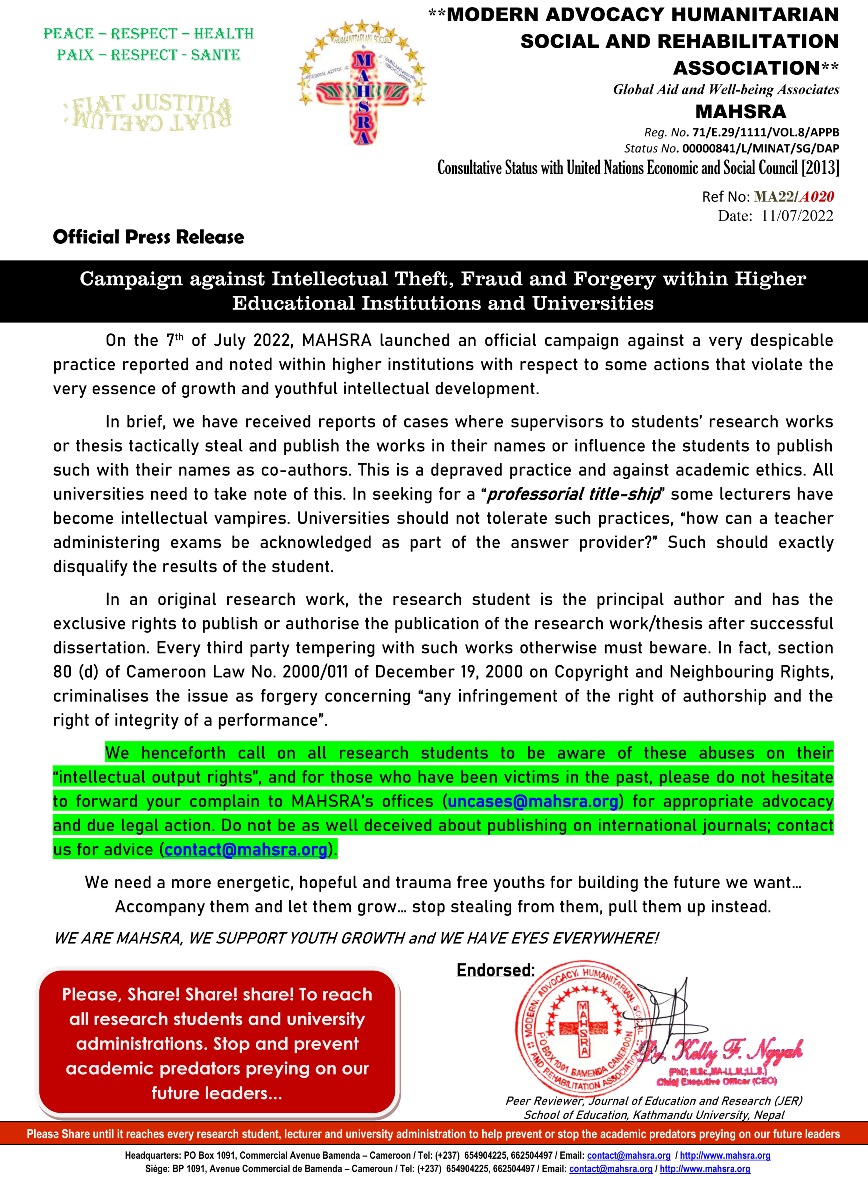 mahsracameroon's tweet photo. @mahsracameroon launches to advance research students' #authorship #rights. #UniversityChallenge @MinesupCmr @UnescoYaounde @UNESCO should protect vulnerable students' #intellectual output #rights.  https://t.co/nEyyUeajUH. @PDKelsman @aaupd https://t.co/dnYmJSAuBa