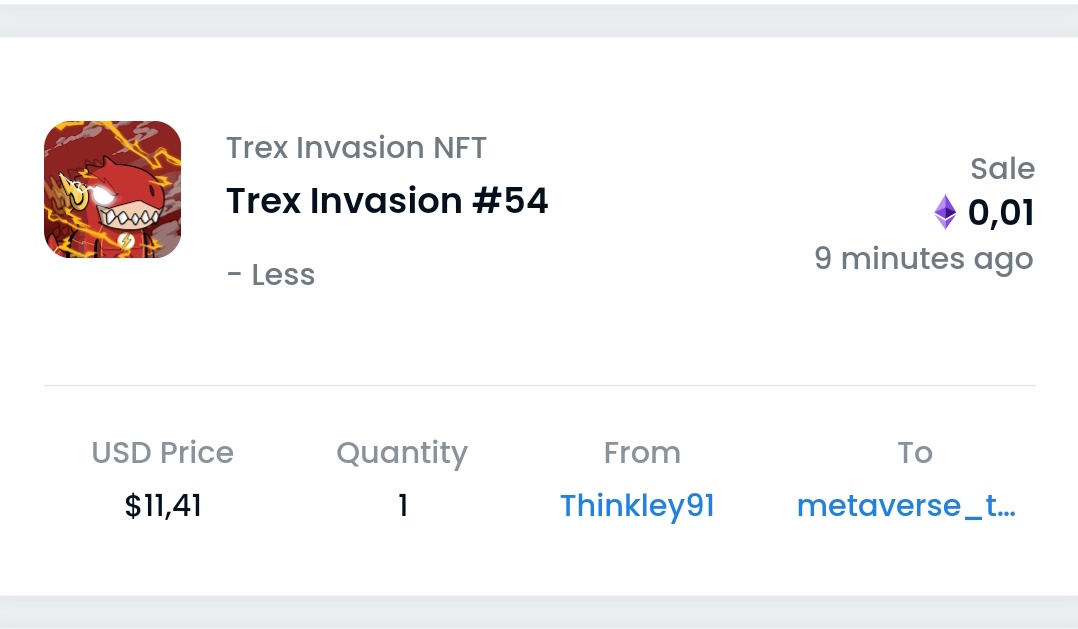 Trex Invasion SOLD and RESOLD
very fast for Medusa Rex, thank you very much for the support, very good day for trex, and welcome to trex Invasion good people @meta_tradepost 

don't forget to follow him too🔽🔽
@meta_tradepost 

#NFTProject #nftcollectors #NFTCommunity #NFTshill