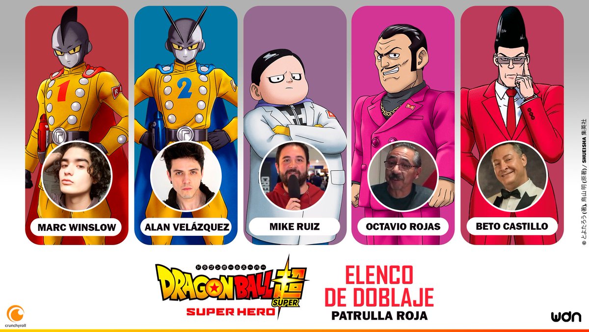 WDN ES - World Dubbing News (@wdn_es) on Twitter photo 🔥 Conoce al elenco que dará voz a la patrulla roja:
🔹 <a href="/MarcWinslow/">Marc Winslow</a> - Gamma 1.
🔹 <a href="/AlanFernandoV/">Alan Fernando</a> - Gamma 2.
🔹 <a href="/PilgrimMcfly/">Miguel Ángel Ruiz</a> - Dr. Hedo.
🔹 Octavio Rojas - Magenta.
🔹 <a href="/Betocastillo73/">Beto Castillo</a> - Carmine.
Escúchalos el 18 de agosto en Dragon Ball Super: Super Hero, solo en cines. 🔥 Conoce al elenco que dará voz a la patrulla roja:
🔹 <a href="/MarcWinslow/">Marc Winslow</a> - Gamma 1.
🔹 <a href="/AlanFernandoV/">Alan Fernando</a> - Gamma 2.
🔹 <a href="/PilgrimMcfly/">Miguel Ángel Ruiz</a> - Dr. Hedo.
🔹 Octavio Rojas - Magenta.
🔹 <a href="/Betocastillo73/">Beto Castillo</a> - Carmine.
Escúchalos el 18 de agosto en Dragon Ball Super: Super Hero, solo en cines.