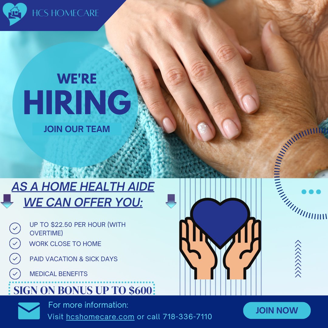 Come join us at HCS Homecare! HCS Home Care is seeking certified home health aides (HHA) who can provide quality care and comfort to our patients so they can remain at home.  
#hcshomecare #hha #homehealthcare #nyc #wearehiring #weneedyou #hcshomecare💜 #healthcare