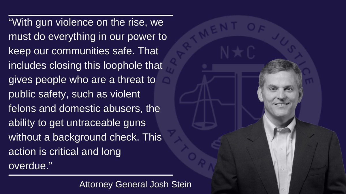 NCAGO's tweet photo. BREAKING: Attorney General @JoshStein_ today filed a brief supporting a federal rule closing the ghost gun loophole. Ghost guns don't have serial numbers &amp; are bought w/o background checks. Closing the loophole will help keep guns out of the wrong hands. https://t.co/GC0u2nJ1Wu https://t.co/BcFFGAgF9u