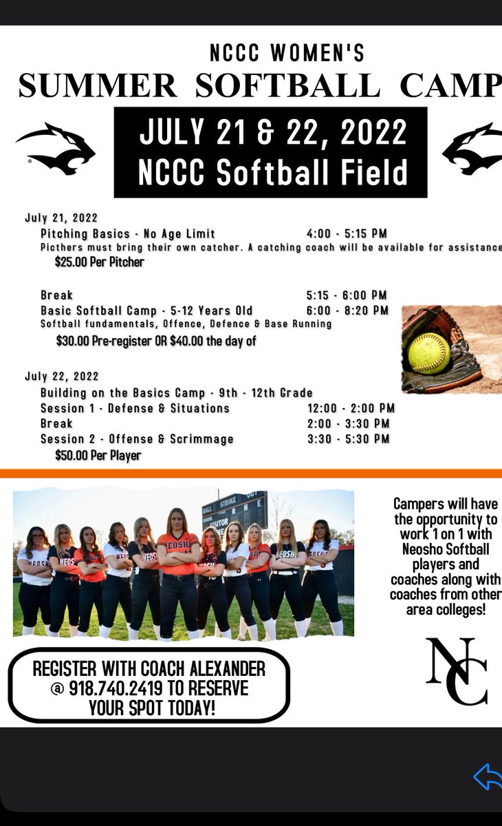 GoNeoshoSoftbal's tweet photo. Come CAMP with us! 🧡🥎🐾 

Join us in July to elevate your softball skills with current and former players and college coaches. 
Register early, or walk in, all are welcome! https://t.co/trYbzByZWg