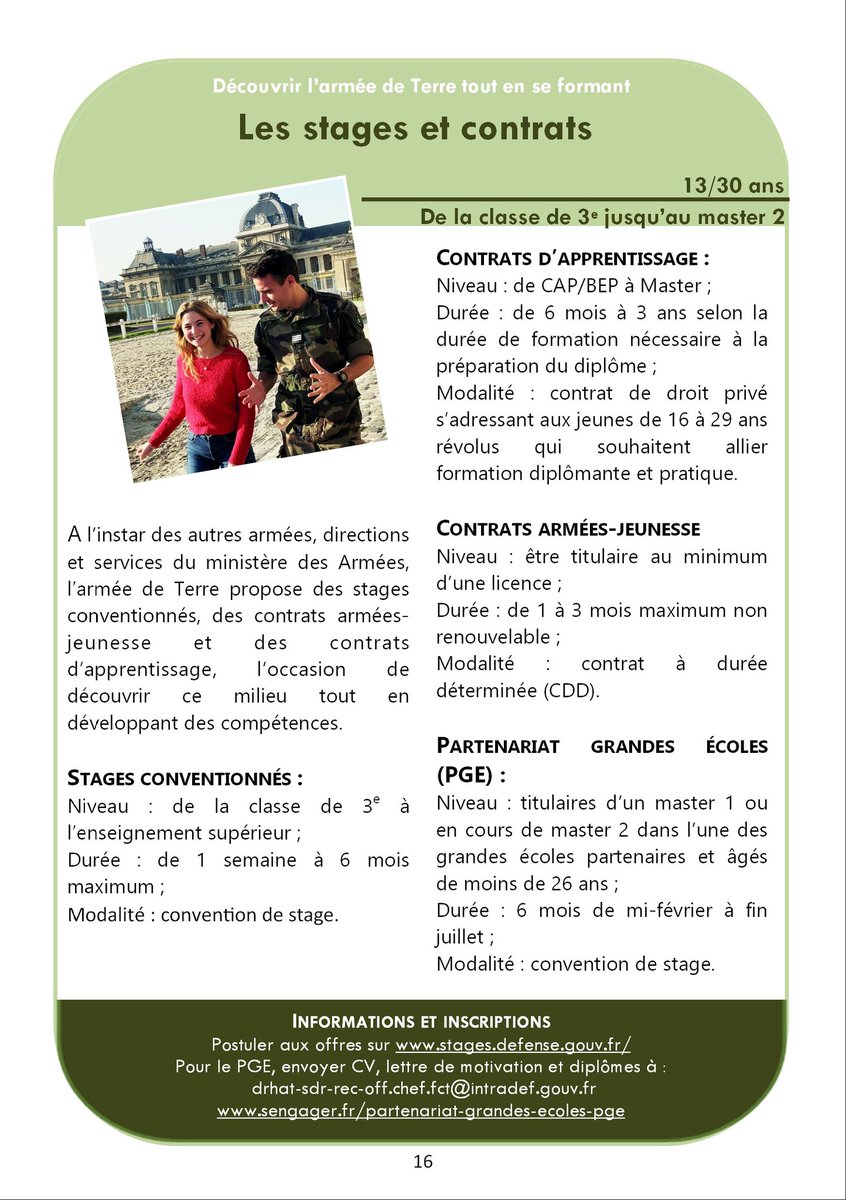 Pour tous les #jeunes qui recherchent un stage ou un contrat d'apprentissage en alternance pour la rentrée scolaire 2022, sachez que l'<a href="/armeedeterre/">Armée de Terre</a> vous accueille de la classe de 3e jusqu'au master 2.
#TerreJeunesse
Pour en savoir plus 👇