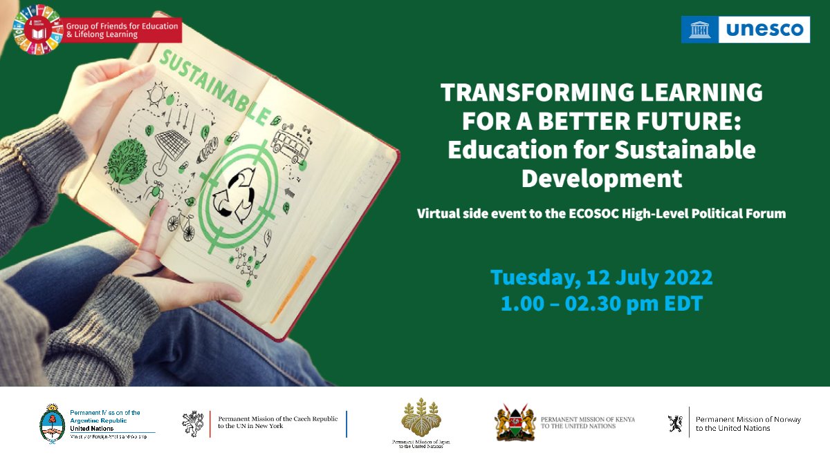 The <a href="/UN_GF4Education/">UN Friends for Education & Lifelong Learning 📕</a> and <a href="/UNESCO/">UNESCO 🏛️ #Education #Sciences #Culture 🇺🇳</a> invite you to attend the online #HLPF side event on "#TransformingEducation for a Better Future: Education for Sustainable Development"

📅Tuesday, 12 July 
⏲️1.00 - 2.30 pm EDT

Register here bit.ly/39YgrLk
or follow the event on UNWebTV