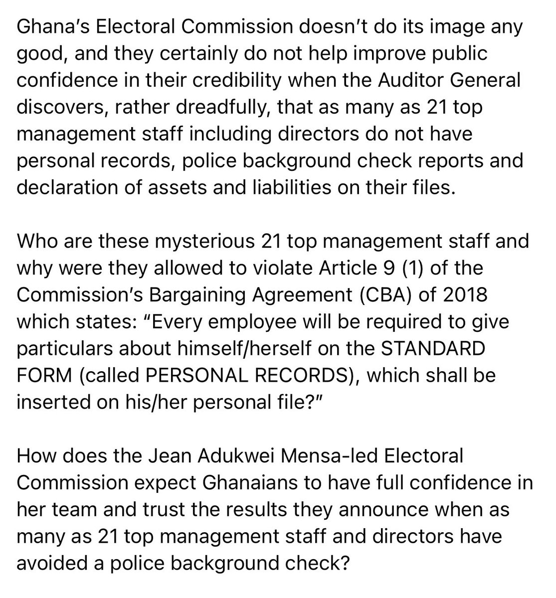 S_OkudzetoAblak's tweet photo. Who are the 21 top management staff &amp; directors at Ghana’s Electoral Commission without police background check reports &amp; other personal records?

Why do we have an EC which receives billions from taxes &amp; donor support &amp; yet doesn’t have a basic Asset Register?

Trust is earned. https://t.co/CWR9nQDwVt