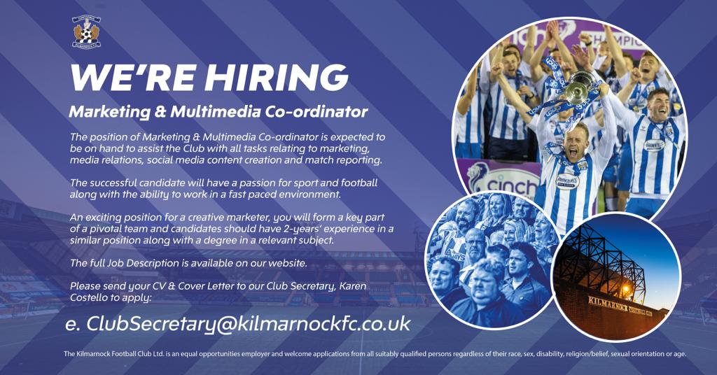 Passionate about telling our Killie story? We're hiring a Marketing and Multimedia Co-ordinator ℹ️ bit.ly/3uEGZIN 📥 Closing Date: Sunday, July 17