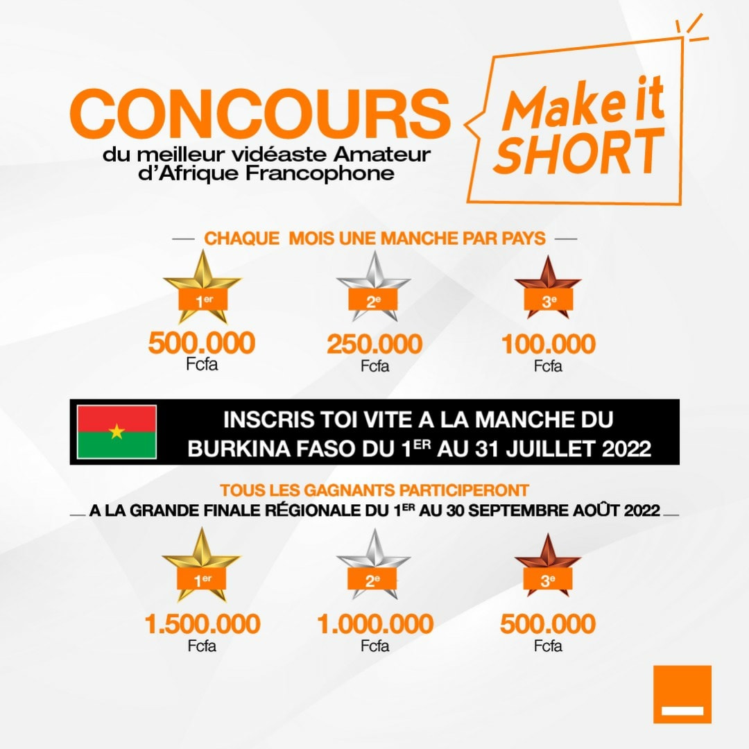 OrangeBurkina's tweet photo. Participez à la manche nationale 🇧🇫 du concours #MakeItShort en soumettant votre #vidéo avant le 14 Juillet 2022 🗓️
🔗 https://t.co/9b7u2ViCqZ
#ShortsvideosByOrange #JeuConcours #Lwili https://t.co/KwYWrAYyOv