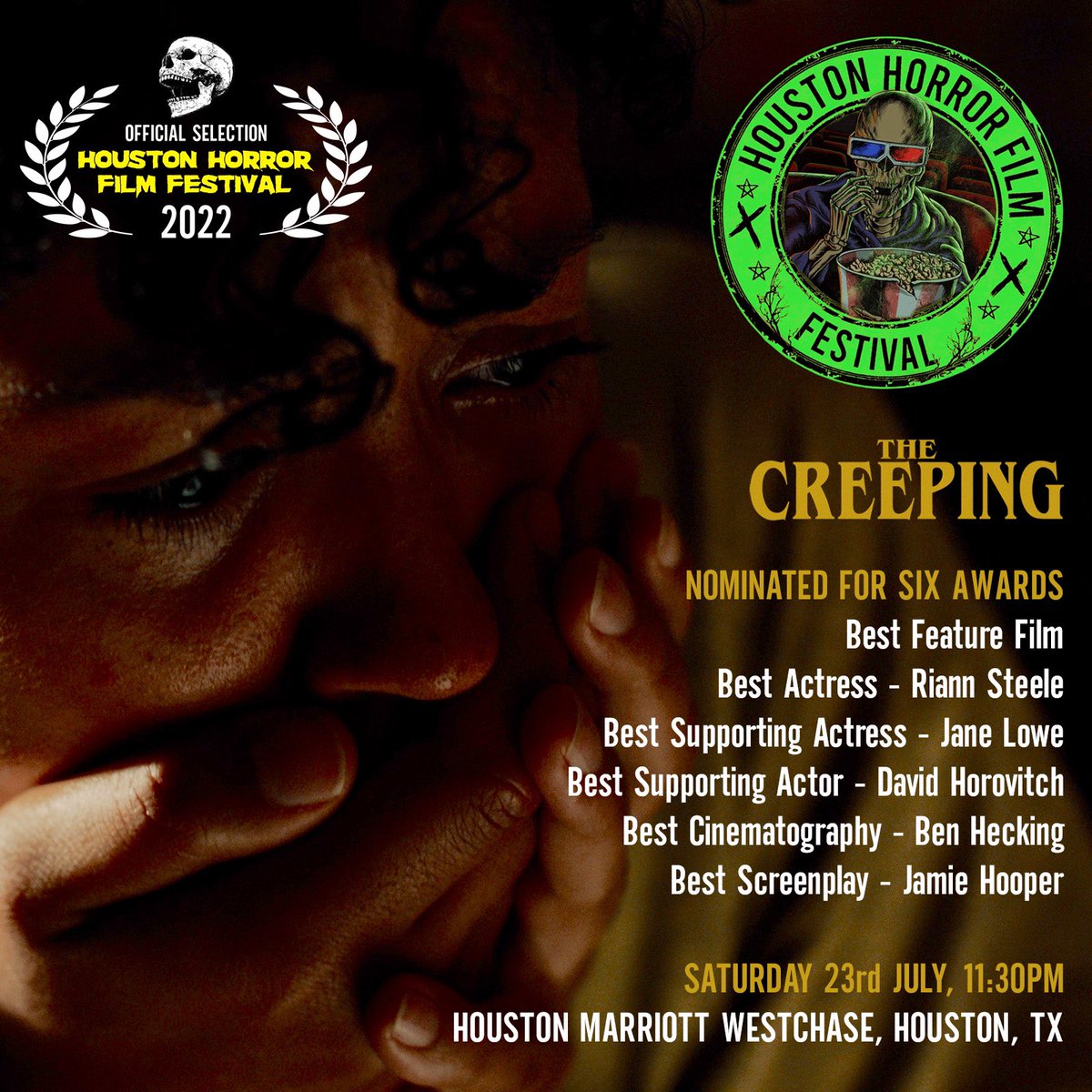 TheCreepingFilm's tweet image. You can next watch The Creeping at @FilmFestHouston where it’s nominated for six awards including Best Cinematography for @bh_film, Best Screenplay for @JamHoopFilm, and Best Feature Film.
Tickets here: eventbrite.com/e/houston-horr…

#TheCreepingFilm #TheCreeping #HoustonHorrorFilmFest