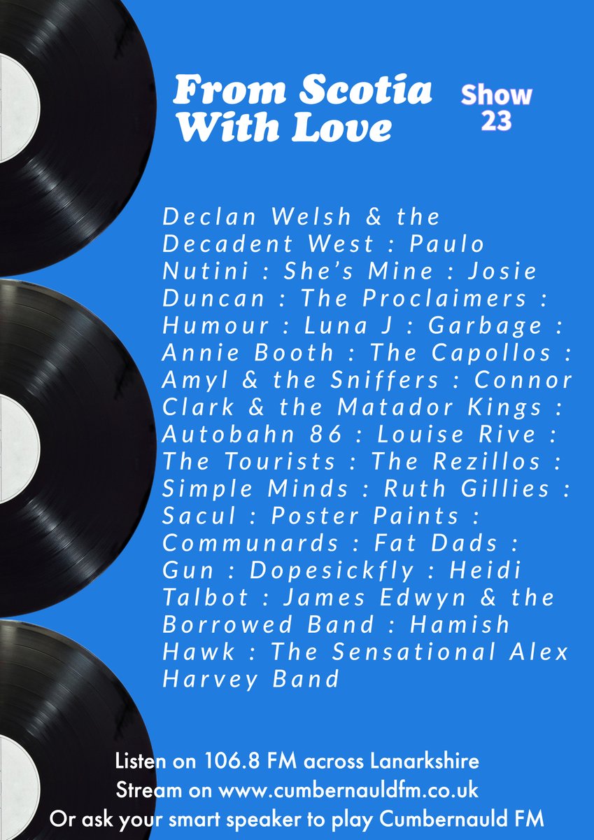 From Scotia With Love (@fromscotiawl) on Twitter photo Live on your radio at 6pm with this banging set. Declan to start, Alex to finish. Get tuned in
<a href="/DeclanWelsh/">Declan Welsh & The Decadent West</a> <a href="/JosieDuncanSong/">Josie Duncan!</a> <a href="/MusicbyLUNAJ/">LUNA J</a> <a href="/annieboothmusic/">Annie Booth</a> <a href="/TheCapollos/">C a p o l l o s</a> <a href="/ccmatadorkings/">Connor Clark & The Matador Kings</a> @louisrivemusic <a href="/posterpaints1/">posterpaints</a> <a href="/gunofficialuk/">GUN</a> <a href="/DopeSickFly/">DOPESICKFLY</a> <a href="/heiditalbot/">Heidi Talbot</a> <a href="/JEATBB/">James Edwyn</a> <a href="/HHawkOfficial/">Hamish Hawk</a> Live on your radio at 6pm with this banging set. Declan to start, Alex to finish. Get tuned in
<a href="/DeclanWelsh/">Declan Welsh & The Decadent West</a> <a href="/JosieDuncanSong/">Josie Duncan!</a> <a href="/MusicbyLUNAJ/">LUNA J</a> <a href="/annieboothmusic/">Annie Booth</a> <a href="/TheCapollos/">C a p o l l o s</a> <a href="/ccmatadorkings/">Connor Clark & The Matador Kings</a> @louisrivemusic <a href="/posterpaints1/">posterpaints</a> <a href="/gunofficialuk/">GUN</a> <a href="/DopeSickFly/">DOPESICKFLY</a> <a href="/heiditalbot/">Heidi Talbot</a> <a href="/JEATBB/">James Edwyn</a> <a href="/HHawkOfficial/">Hamish Hawk</a>