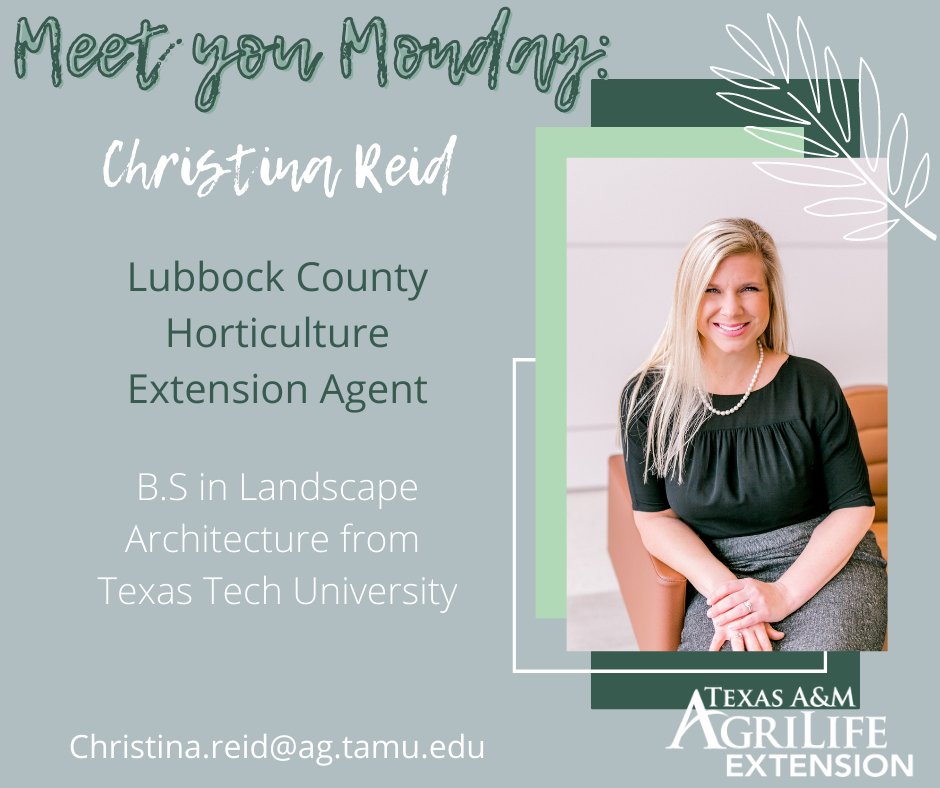 💥 Introducing Christina Reid 💥

Christina is a Horticulture Extension Agent in Lubbock County! She received her B.S. in Landscape Architecture from Texas Tech University! 

<a href="/LbkHorticulture/">Lubbock Horticulture</a>