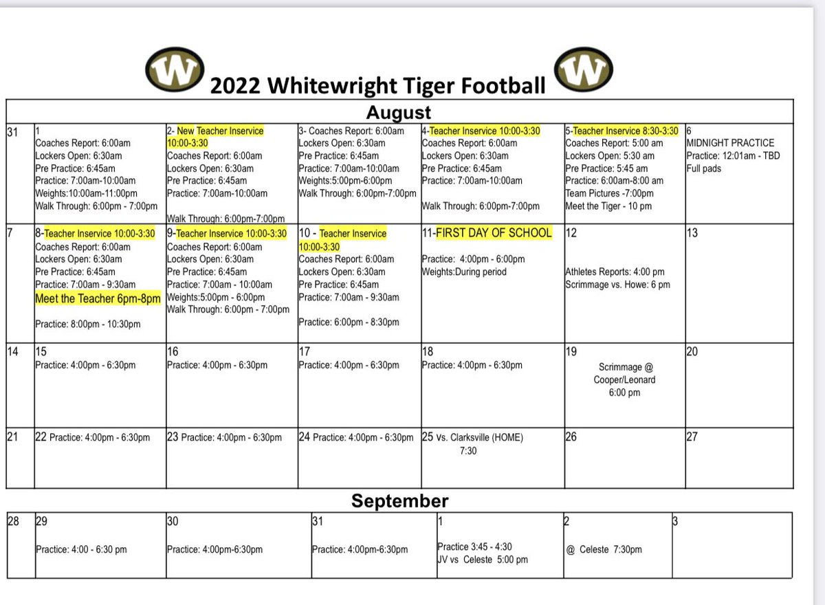 WHStxAthletics's tweet photo. 2022 Whitewright Tiger practice schedule. https://t.co/BaEbSyUUoQ