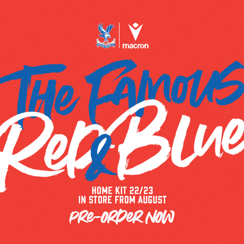 CPFC's tweet photo. The famous Red &amp; Blue ❤️💙

Introducing our 22/23 home kit, available to pre-order now 😍

@MacronSports | @cinchuk | @mukurudotcom

#CPFC