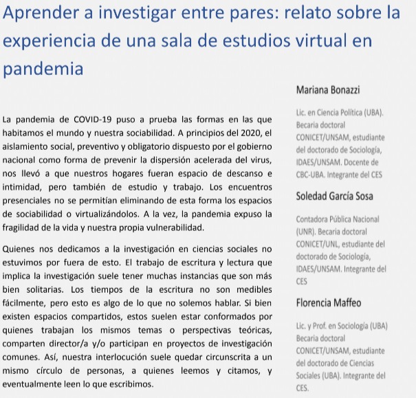 📚Investigación y escritura en pandemia. Mariana Bonazzi, <a href="/SoledadGarciaS8/">Soledad Garcia Sosa</a>  y <a href="/flor_maffeo/">Flor Maffeo</a>  relatan su experiencia de una sala de estudios virtual en cuarentena
.
👉bit.ly/boletinces9bon…
.