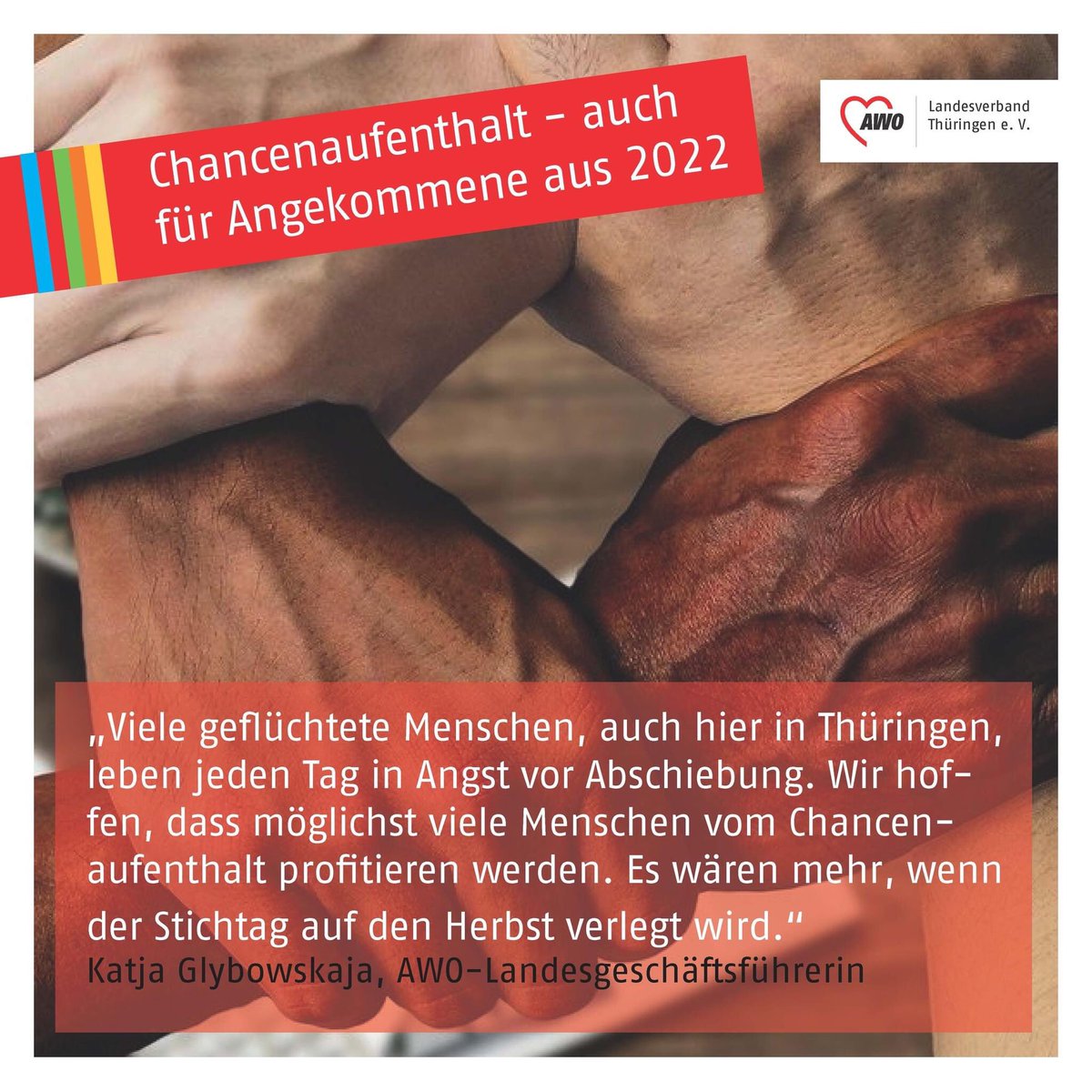 Wir begrüßen den Gesetzesentwurf der Bundesregierung zum Chancenaufenthalt für in Deutschland geduldete Migrant*innen und Geflüchtete. Mit einer wichtigen Anmerkung.

Zur vollständigen Pressemitteilung geht es hier: awothueringen.de/topnavigation/…